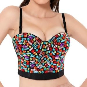 Charmain Colorful Rhinestone Bejeweled Bustier Push-Up Crop Top